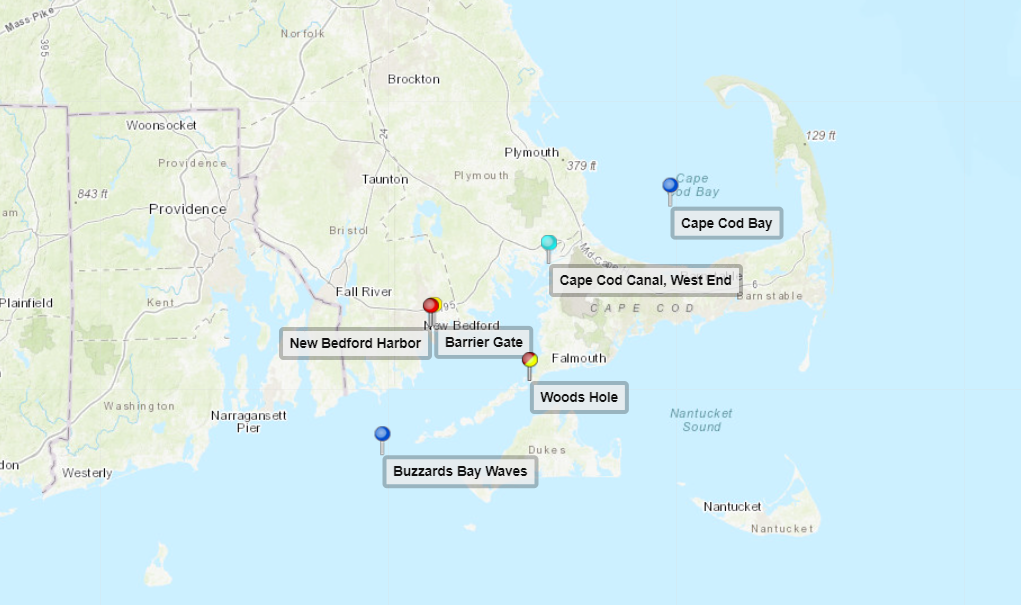 A graphic showing the location of stations in NOAA’s Cape Cod-Buzzards Bay Physical Oceanographic Real-time System (PORTS®)