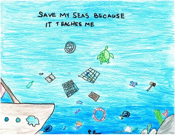 Student artwork with text reading "Save our Seas because it Teaches Me." 