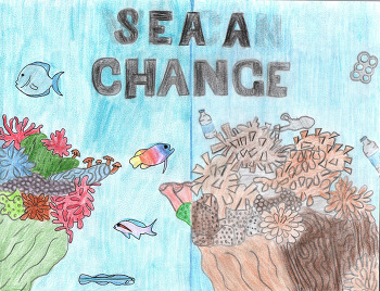 Student artwork featuring a coral reef before and after the impacts of marine debris.