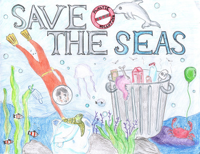 Artwork of a diver picking up trash with the saying "Save The Seas".