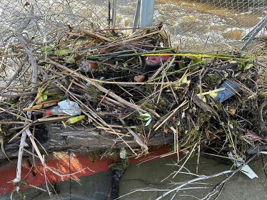 Trash and other debris are caught in the fence. 