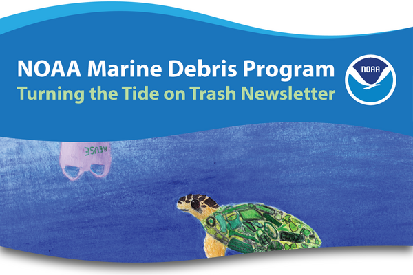 Cover of the NOAA Marine Debris Program Turning the Tide on Trash Newsletter with artwork of a turtle and a plastic bag.