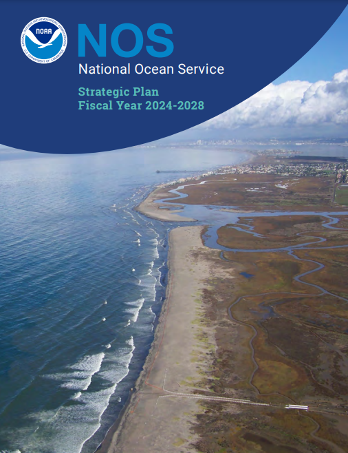 Cover of the National Ocean Service Strategic Plan with aerial image of the shoreline as the background.