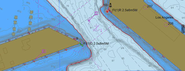 A screen capture of the SEAiq navigation application with S102 data, displaying 2-foot contours and a 55-foot safety contour.