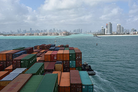 An image of a container ship approaching Miami, Florida.