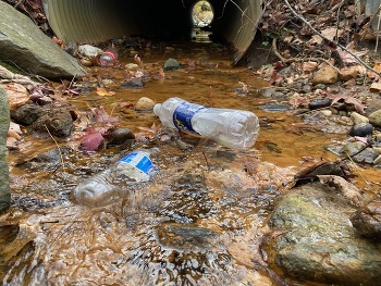 A plastic bottle floating in a shallow creek.