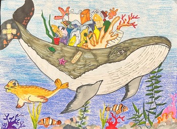 Student artwork of a bandaged whale with a pile of debris and coral on its back.