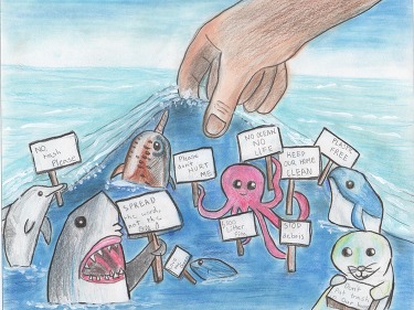 A colored pencil drawing of a hand reaching into the ocean amid sea creatures holding signs with "no littering" messages on them.