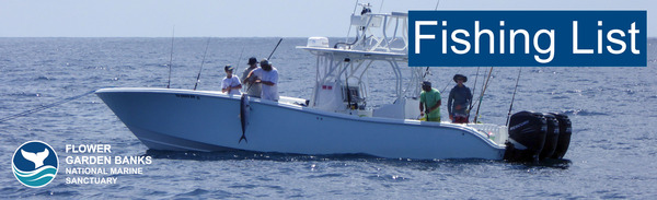 "Fishing List" and FGBNMS logo overlaid on a fishing boat with three of the five people pulling a fish on board