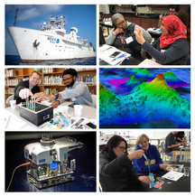 Compilation of six photos; one NOAA ship, three of people doing science, a bathymetric colored 3D map, and piece of tech.