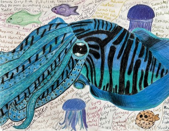 Artwork of a blue cuttlefish surrounded by other sea creatures and text reflecting the negative impacts of debris on the ocean