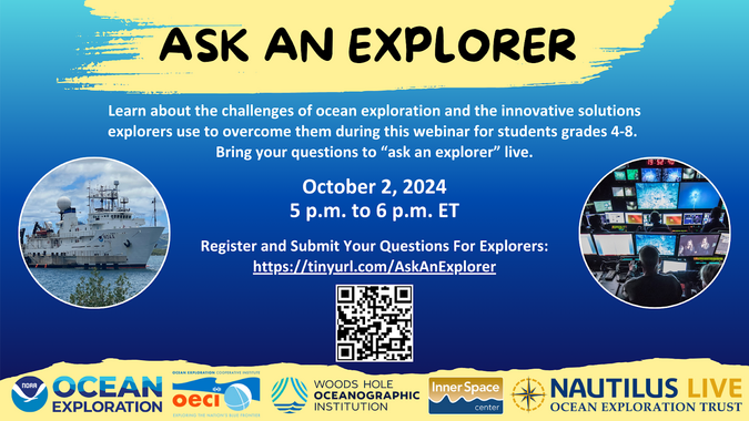 Ask An Explorer Flyer, with Oct 2, 2024 5-6pm event registration QR code