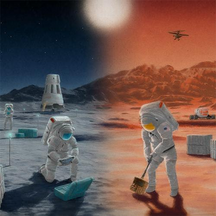 Painting of Astronauts working half on the Moon half on Mars