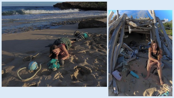 Photos of a girl entangled in marine debris on a beach. 