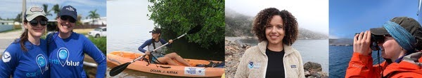 Four images, Two girls, person in a kayak, woman in a NOAA sweatshirt at a lake, person using binoculars on a body of water