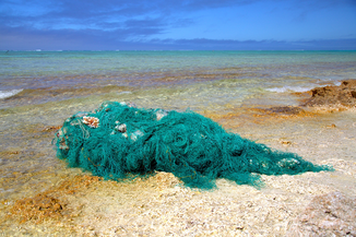 Large tangle of green fishing wire on beach