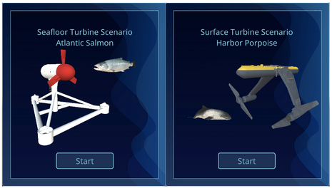 Game Start button screen shots; Seafloor Turbine Scenario Atlantic Salmon and Surface Turbine Scenario Harbor Porpoise