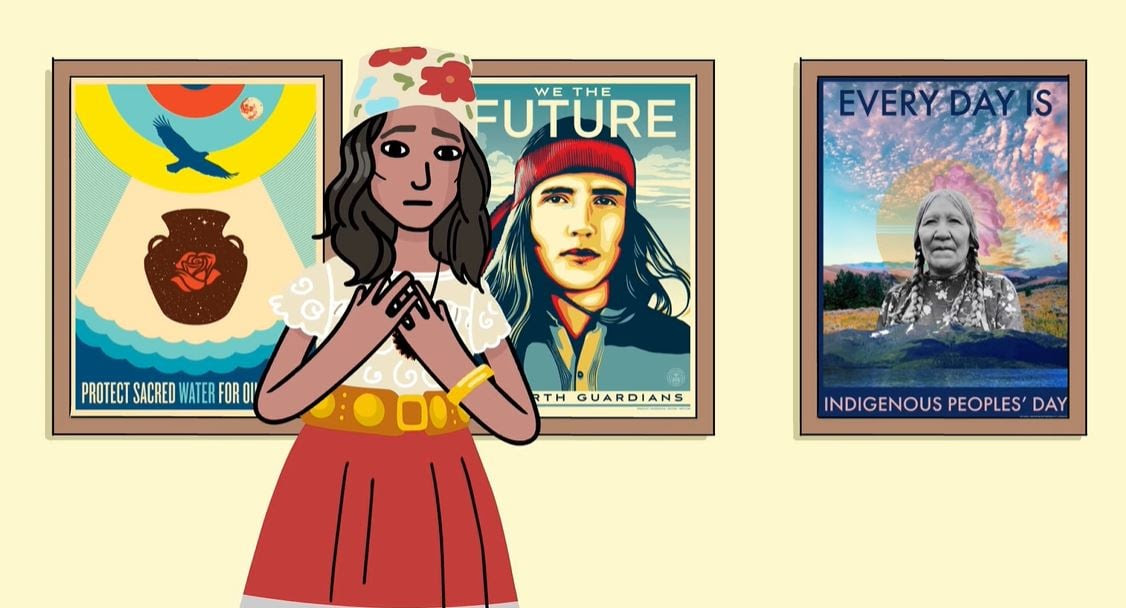 Cartoon Native American woman standing in front of 3 Native American themed posters