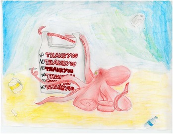 Artwork of an octopus holding a plastic bag and writing "No thank you" on it.