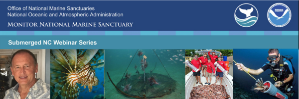 Banner with a blue office title above and several images of lionfish and fishing below