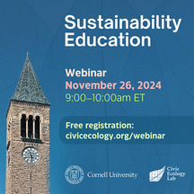 Sustainability Education Webinar Advertisement. Clock Tower at Cornell University.