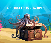 Octopus opening up a chest of treasure on the ocean floor