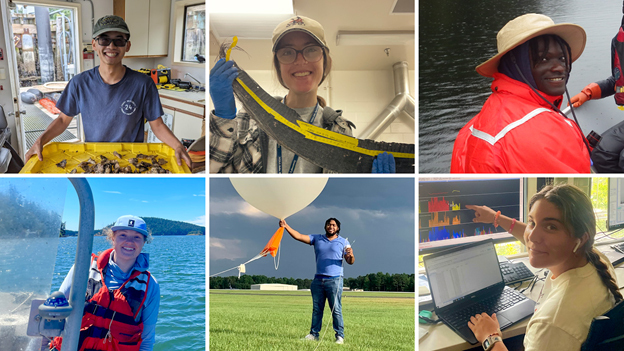 Images of students engaged in a range of Earth science activities in labs in the field, and on the water