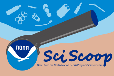 Graphic of an ice cream scoop on a shoreline picking up marine debris items.