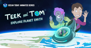 A graphic of an alien and a scientist waving in space.