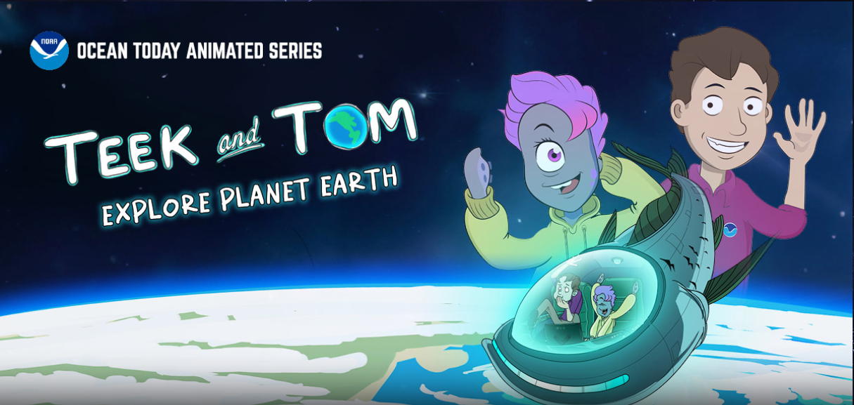 Teek and Tom Explore Planet Earth - NOAA Ocean Today Animated Series - Animated Teek, Tom, and the spaceship BARY hovering over planet earth in space