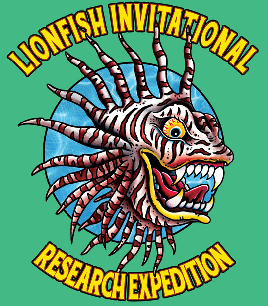 Cartoon image of a mean-looking lionfish with the words Lionfish Invitational Research Expedition