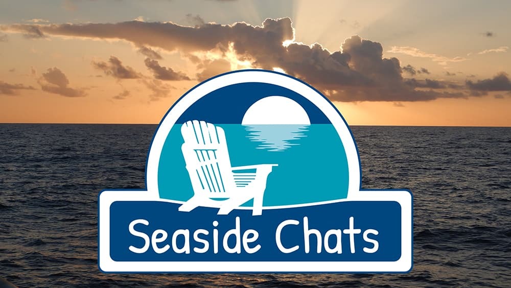 Seaside Chats graphic of a chair on the beach at sunset overlaid on a photograph of a sunset over the ocean