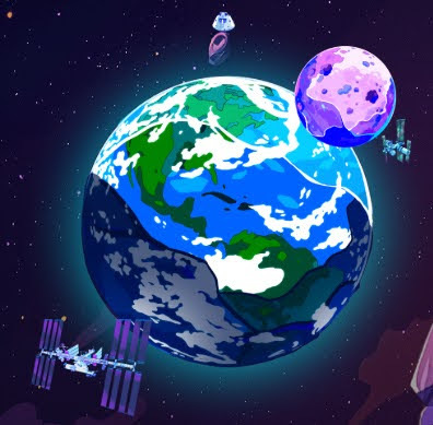 Cartoon earth, moon, and satellites in space