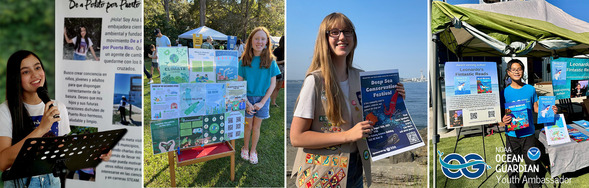 L to R: A young girl talking into a mic; a young girl standing next to posters; a student holding a poster; and a young buy at an outreach booth.