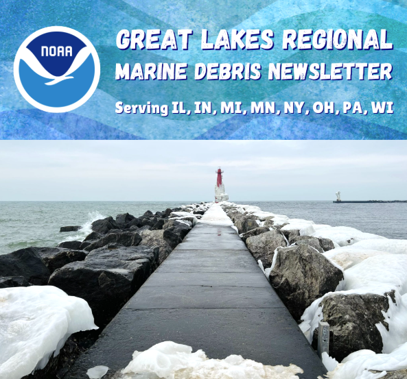 winter newsletter header of lighthouse on Lake Michigan