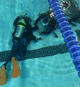 Divers underwater in a pool.