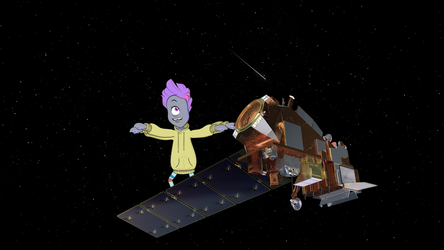 Teek an animated alien standing on a sattelite in space