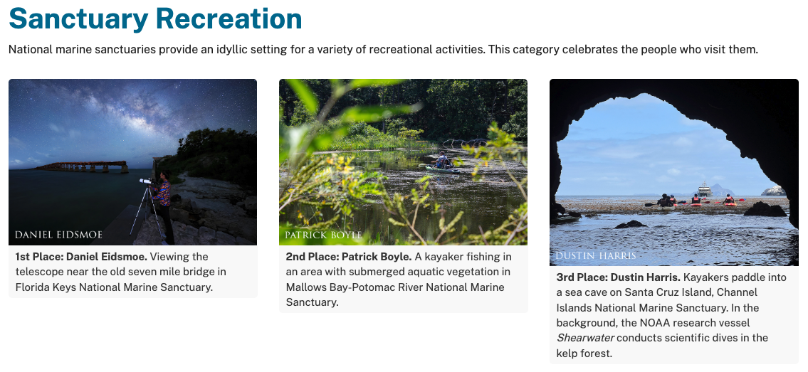 The three winning photos of national marine sanctuaries that provide an idyllic setting for a variety of recreational activities.