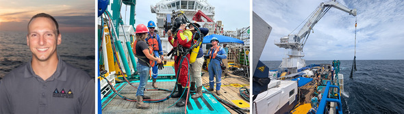A commercial scuba diver standing on the deck of a boat; and a large crane on the back deck of a boat holding a large net over the ocean.