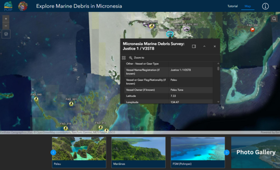 Screen shot of a map identifying locations with debris within the Micronesia Marine Debris App. 