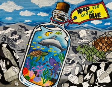 Artwork depicting clean and debris-filled seascapes.