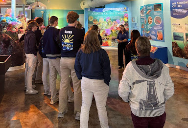 An image of people inside a visitor center. There is information on marine animals in the background.