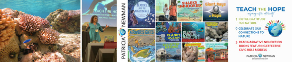 L to R: Coral reef; Patricia Newman; and covers of children's books by Patricia Newman.
