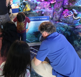 People looking at the floor next to a reef model structure.