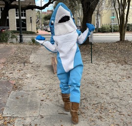 A person in a blue shark costume.