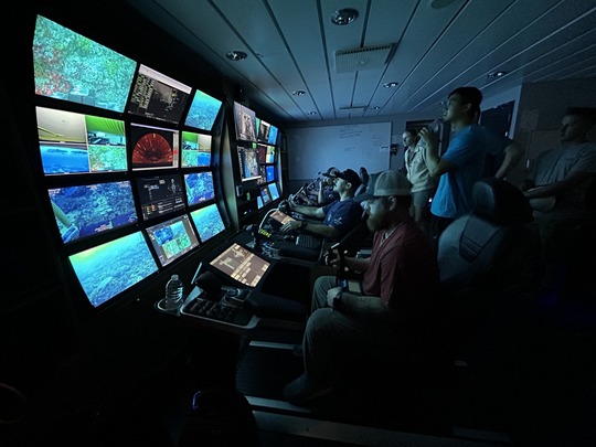 Men and women, some sitting and some standing, look at a wall of screens  with images from the deep ocean in a dark room 