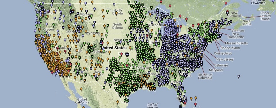 Map of the United States and neighboring regions showing a dense distribution of color-coded data points.