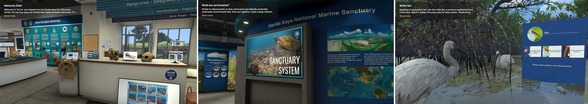 L to R: Virtual Florida Keys Eco-Discovery Center front desk; exhibits in the Center; and a screenshot from the immersive mangrove experience.