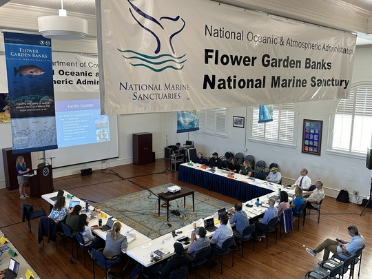 Conference room where a large banner with the sanctuary's logo hangs above the main u-shaped table. Numerous attendees are seated around the table.