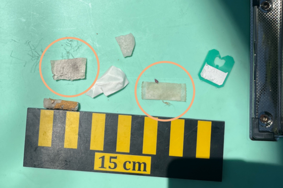 Assorted marine debris next to ruler. Two nicotine pouches are circled.
